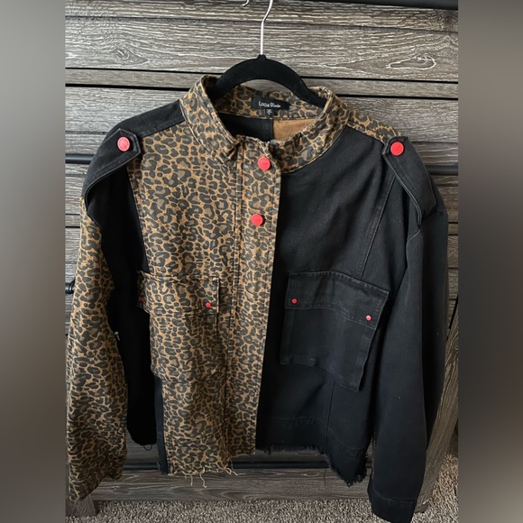 Saks Fifth Avenue Lea & Viola Leopard Denim Jacket Large Black Brown - Picture 2 of 10